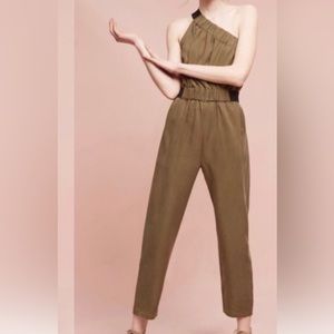 Anthropologie Mauve Olive Green One-Shoulder Jumpsuit W14